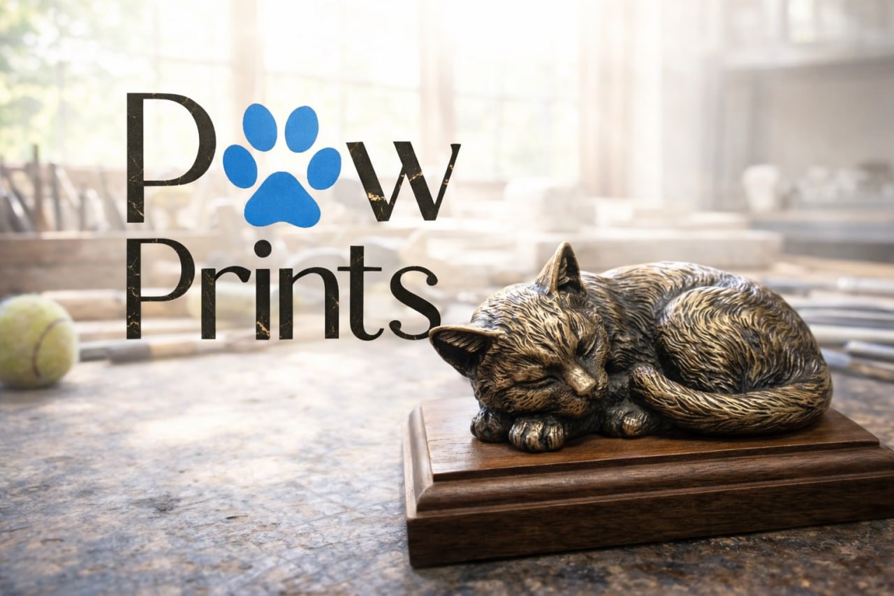 PawPrints — Bronze cat statue on craftsman's workbench